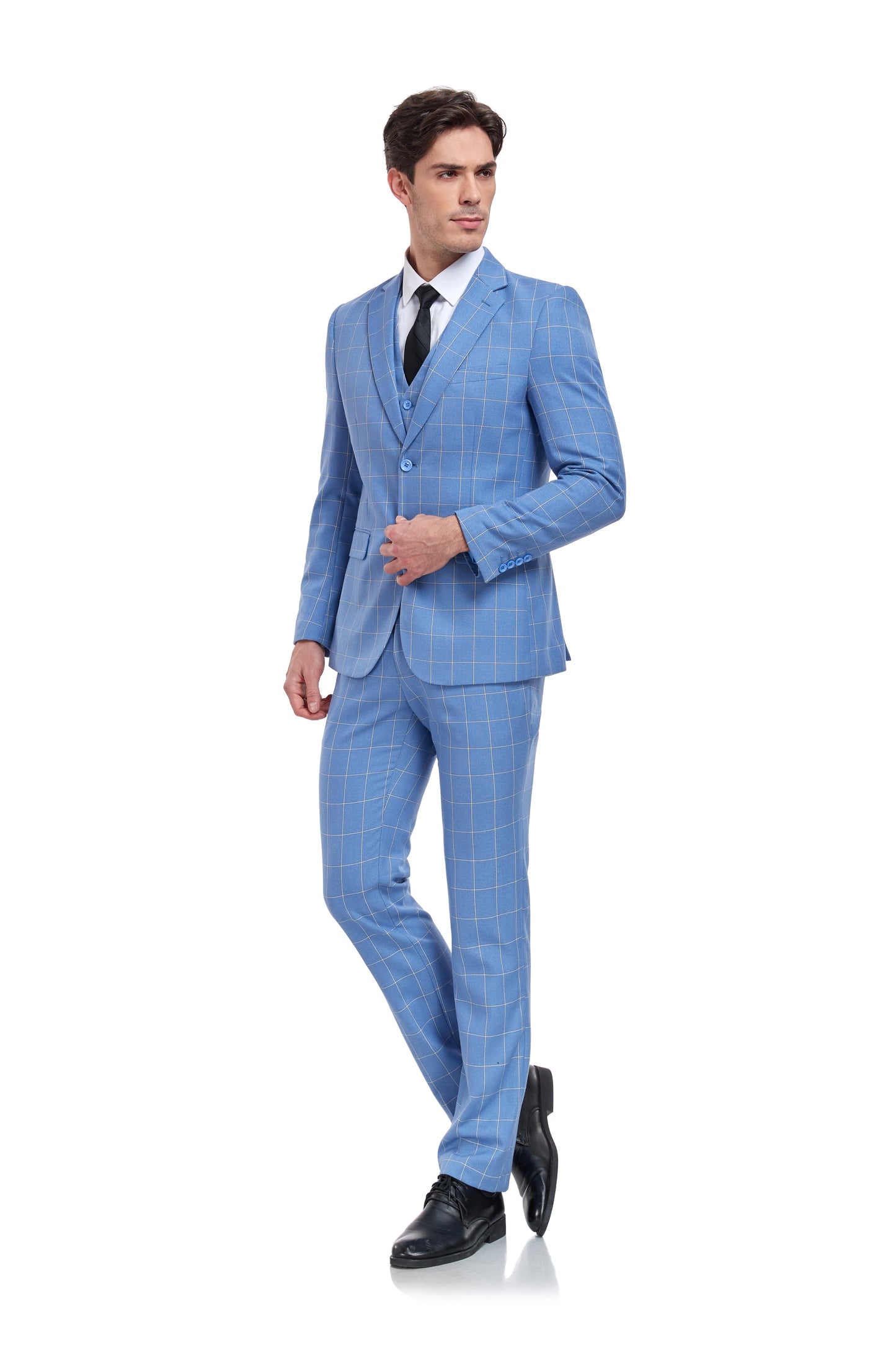 ly1323 Light Blue Plaid Men's 3 Piece Slim Fit Suit Set