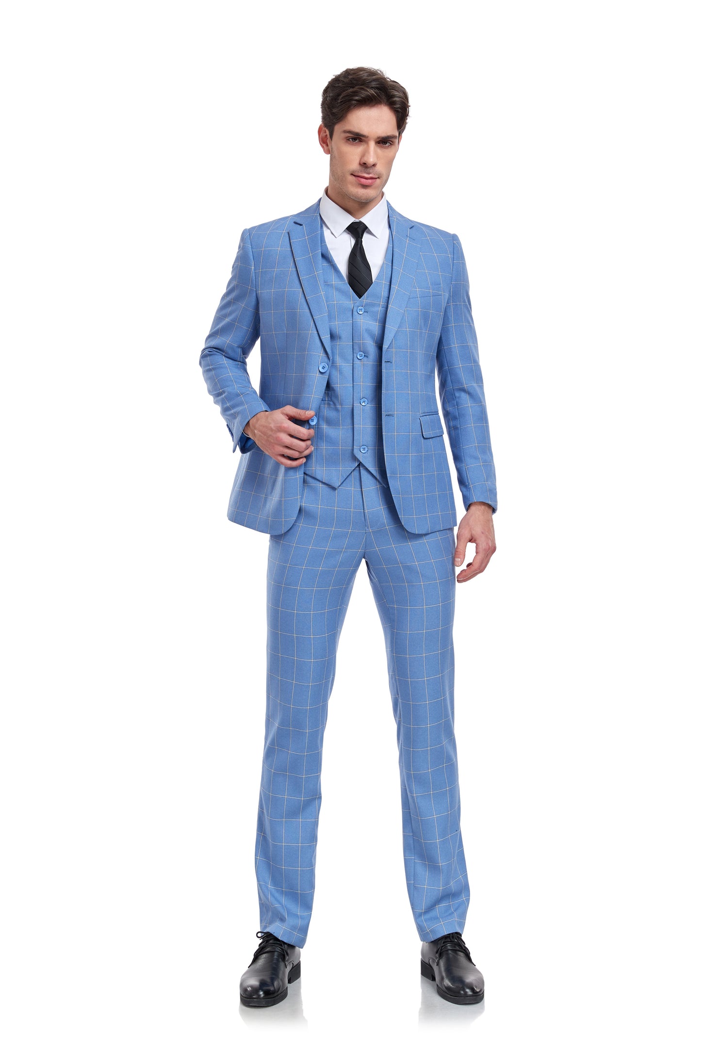 ly1323 Light Blue Plaid Men's 3 Piece Slim Fit Suit Set