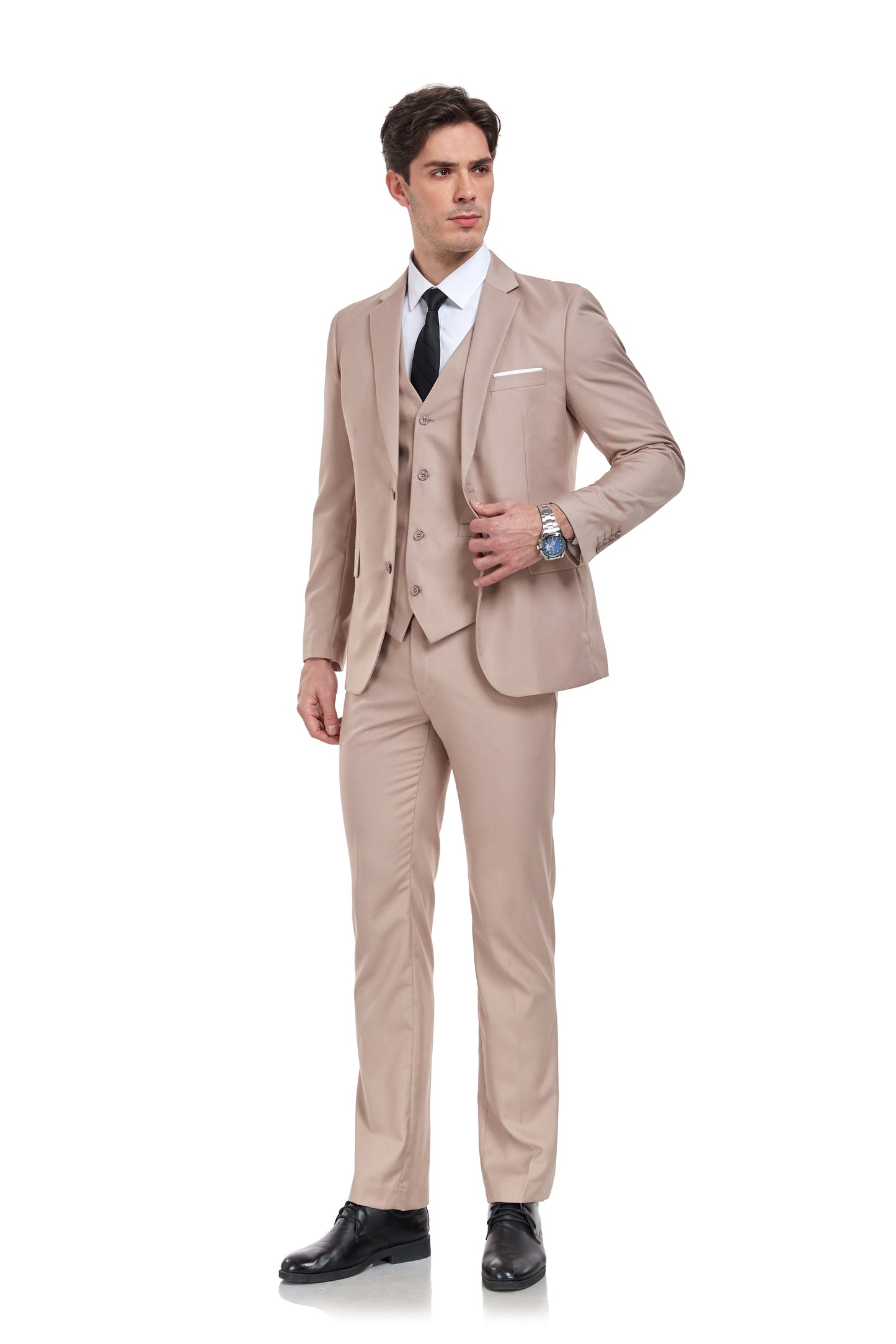 ly1324 Beige Champagne Two Button Wedding 3 Pieces Slim Fit Men Suits