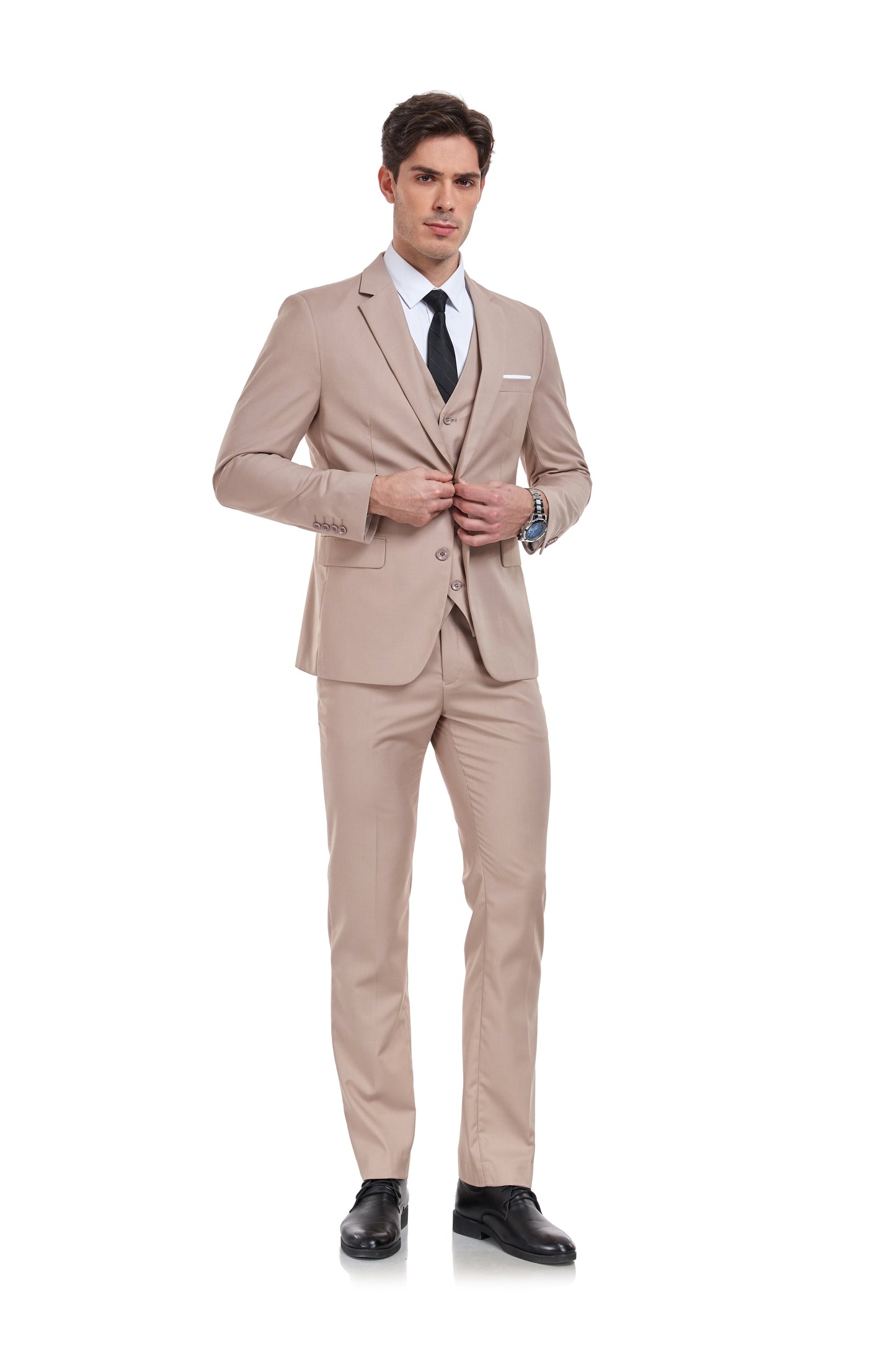 ly1324 Beige Champagne Two Button Wedding 3 Pieces Slim Fit Men Suits