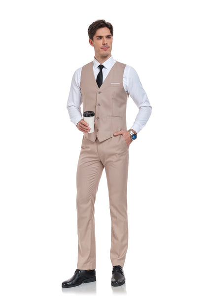 Champagne Men's Suits 2 Pieces Vest+Pants Set V-Neck Slim Fit Casual Waistcoat Suit