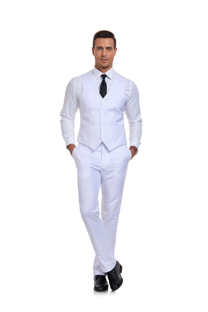 White Men's Suits 2 Pieces Vest+Pants Set V-Neck Slim Fit Casual Waistcoat Suit