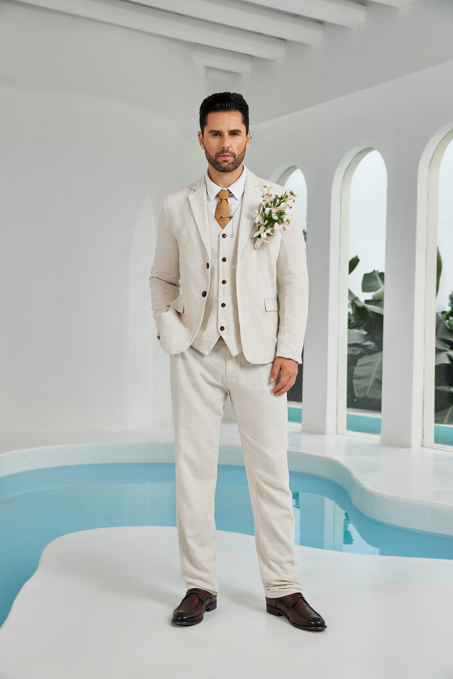 ly1110 Beige Linen Beach Wedding Men Suits (MORE CHOICE+)🔥