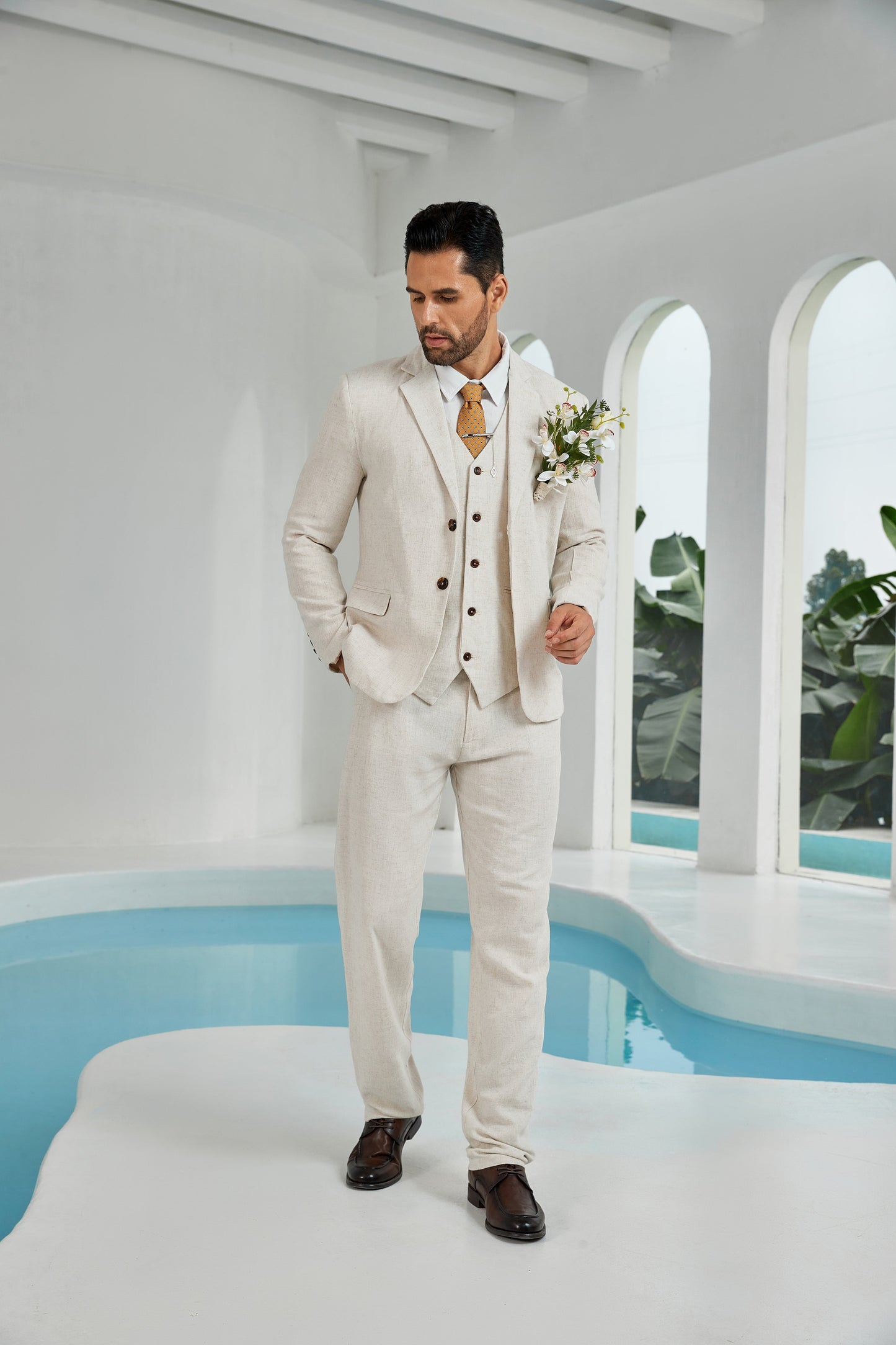 ly1110 Beige Linen Beach Wedding Men Suits (MORE CHOICE+)🔥