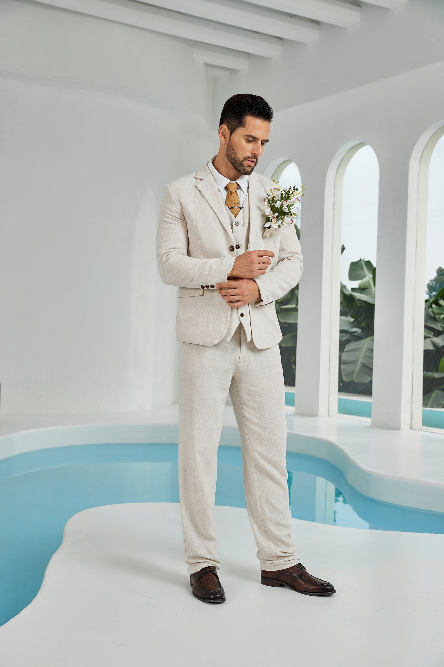 ly1110 Beige Linen Beach Wedding Men Suits (MORE CHOICE+)🔥