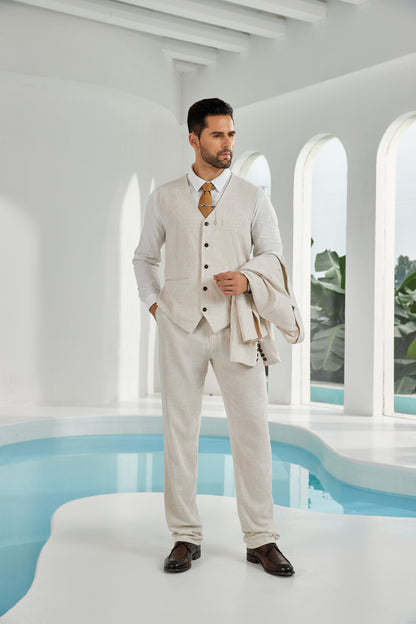 ly1110 Beige Linen Beach Wedding Men Suits (MORE CHOICE+)🔥