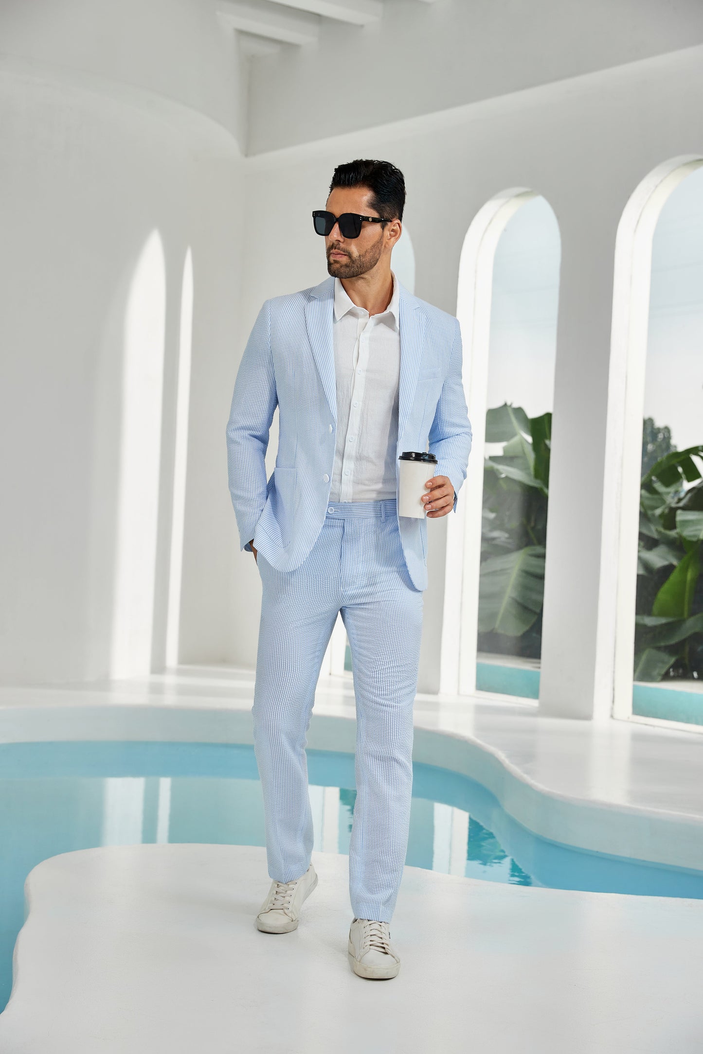 ly1114 Seersucker Striped Blazer Pants 2 Piece Men's Summer Suit