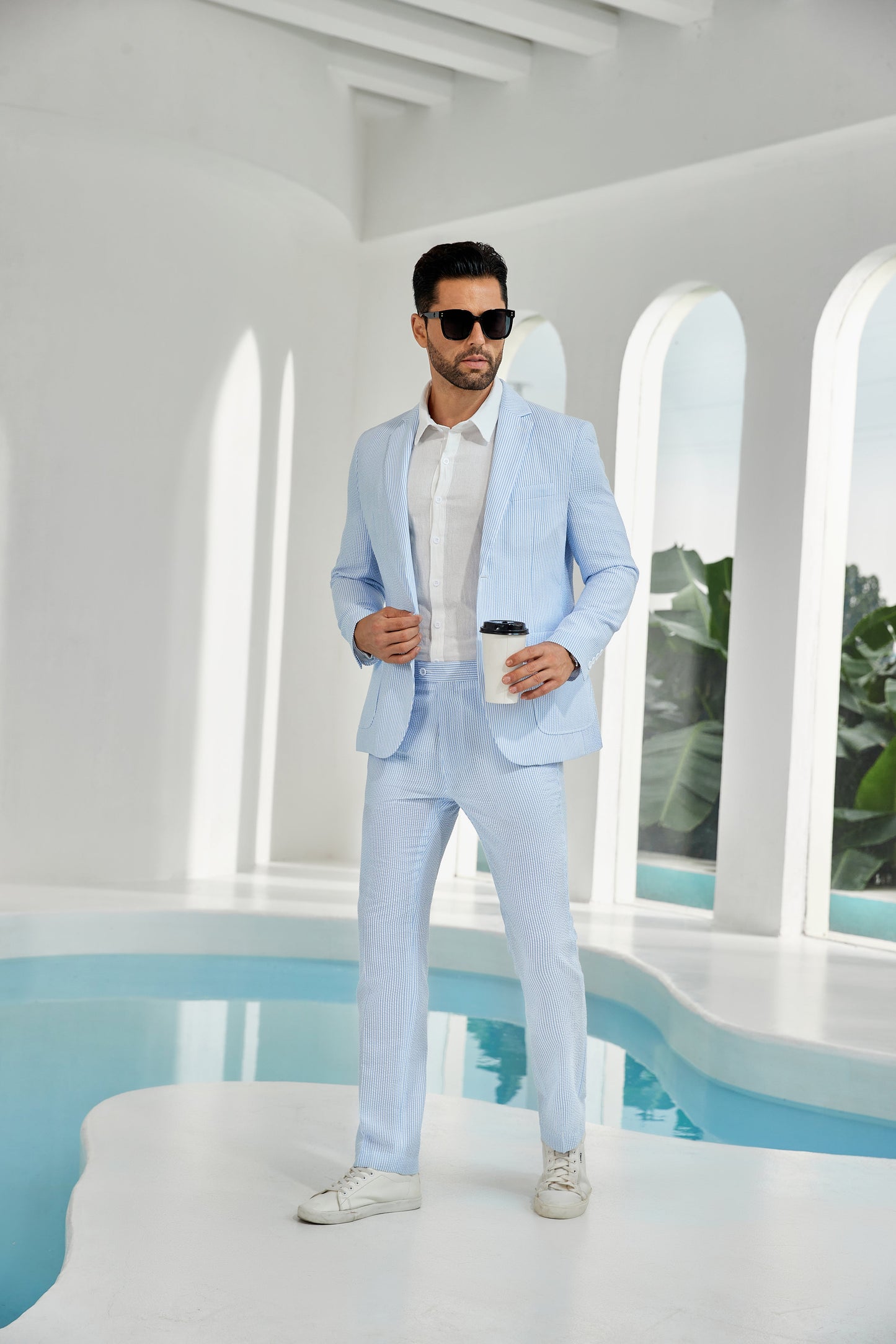 ly1114 Seersucker Striped Blazer Pants 2 Piece Men's Summer Suit