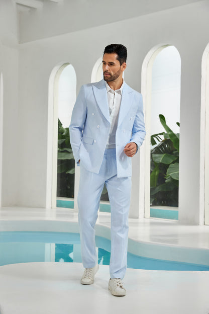 ly1113 Seersucker Double Breasted Blazer Pants 2 Piece Men's Summer Suit