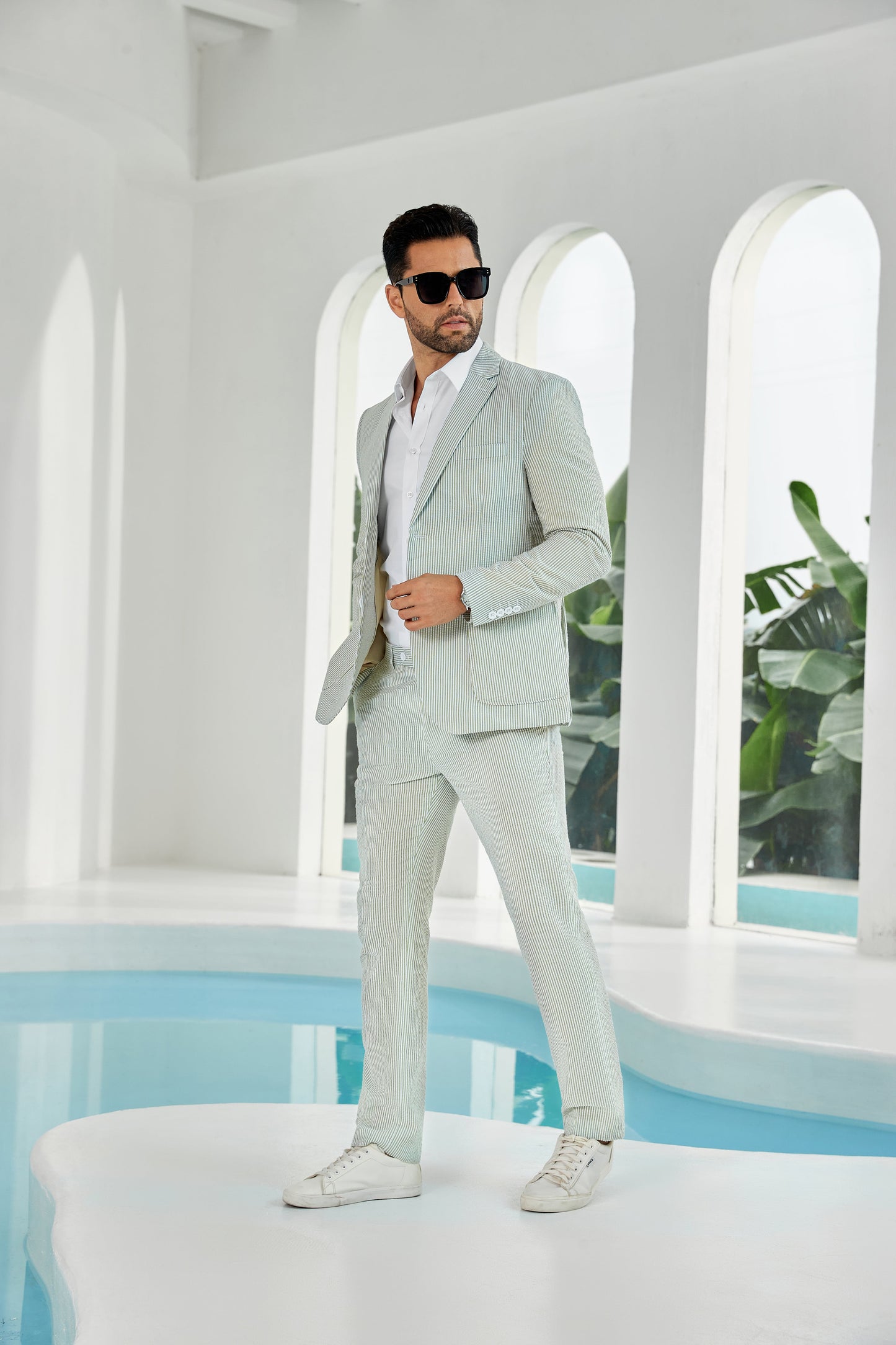 ly1114 Seersucker Striped Blazer Pants 2 Piece Men's Summer Suit