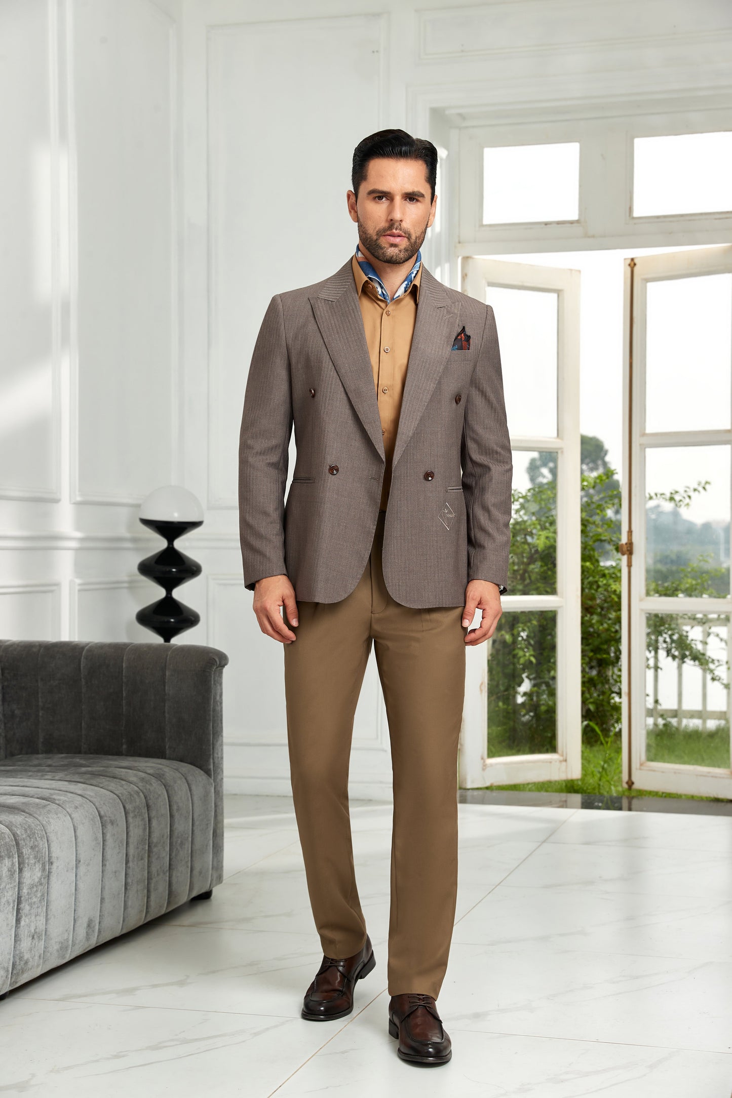 ly1074 Khaki Brown Double Breasted Men's Blazer