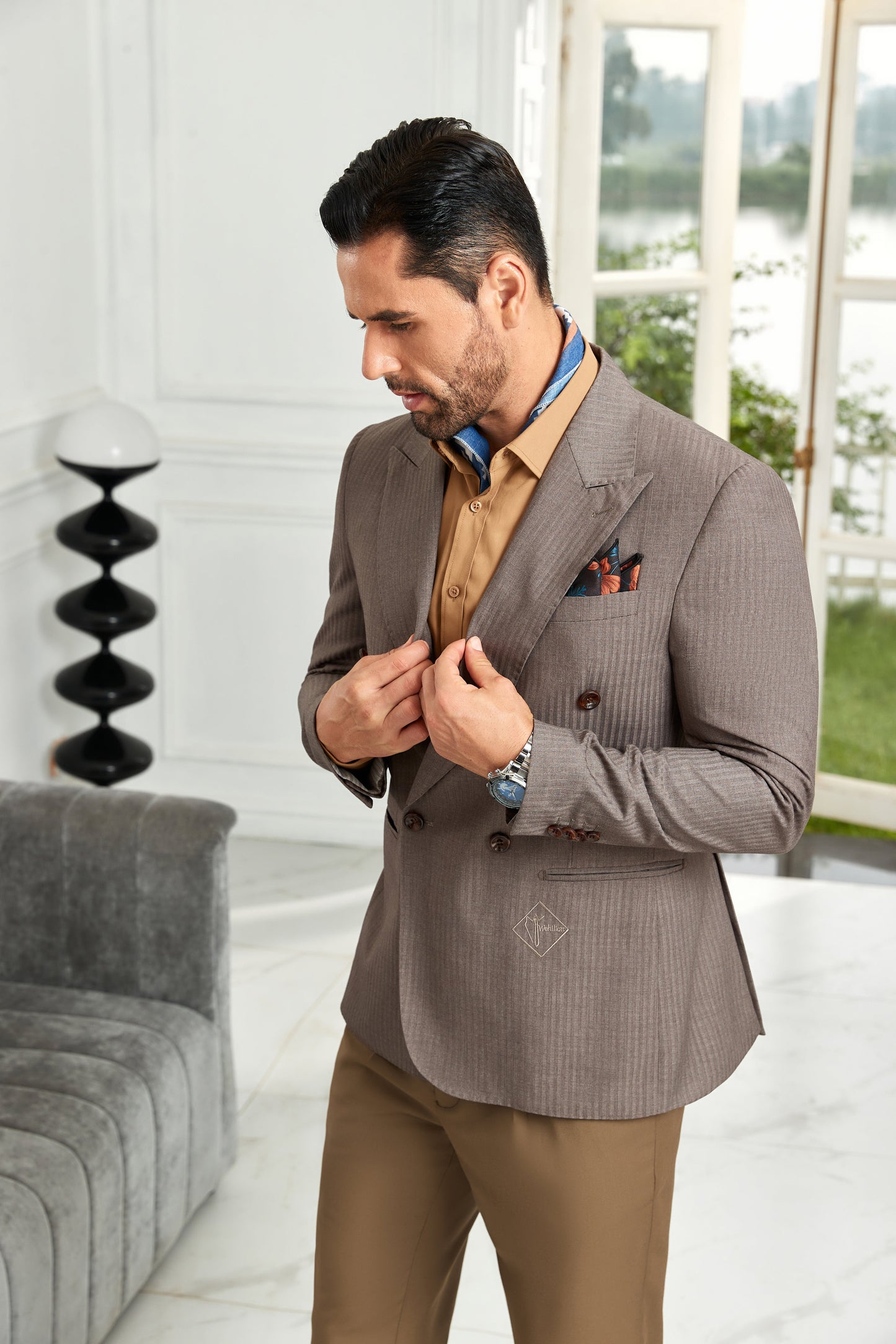 ly1074 Khaki Brown Double Breasted Men's Blazer