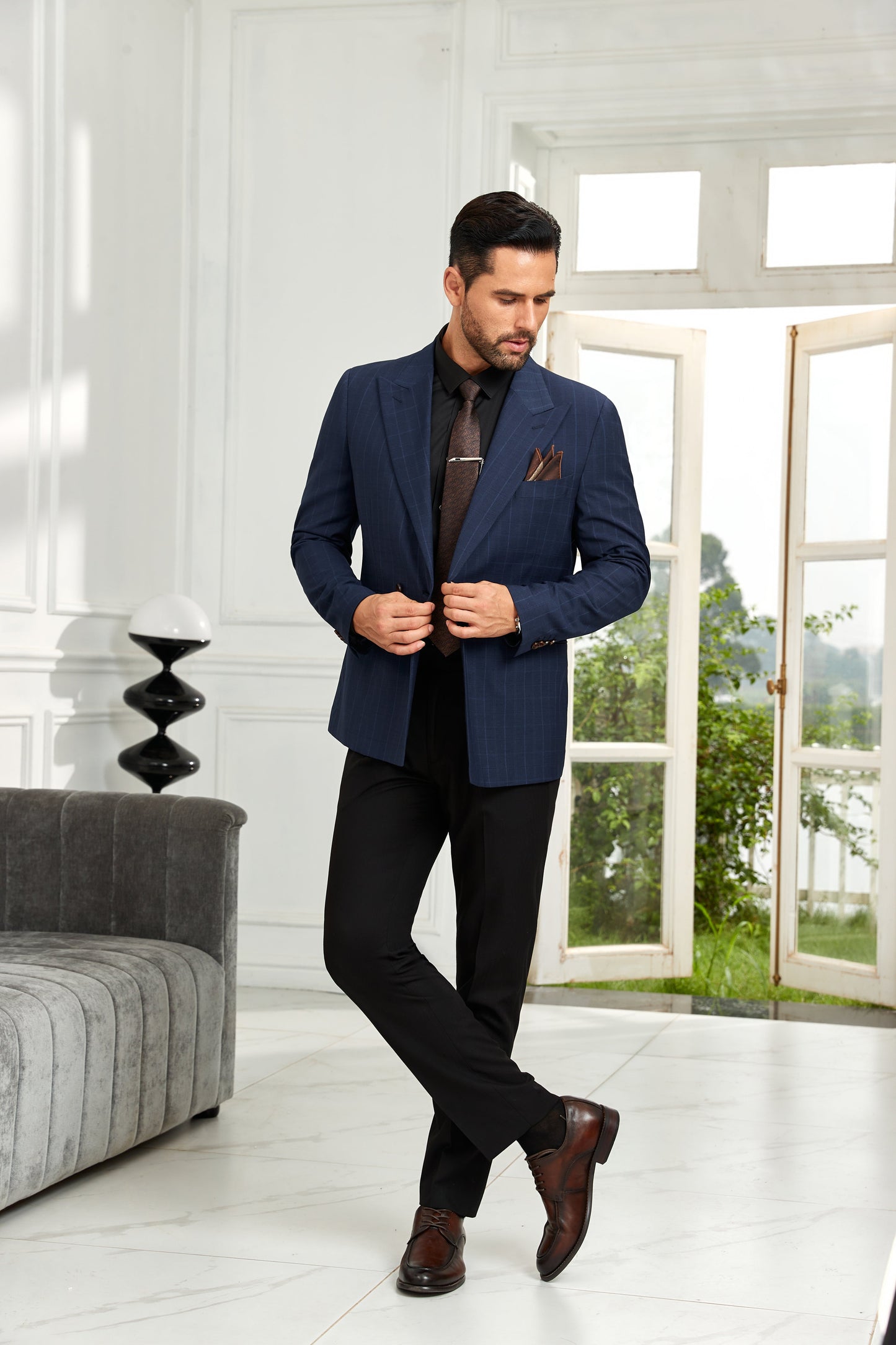 ly1071 Midnight Navy Blue Double Breasted Men's Blazer