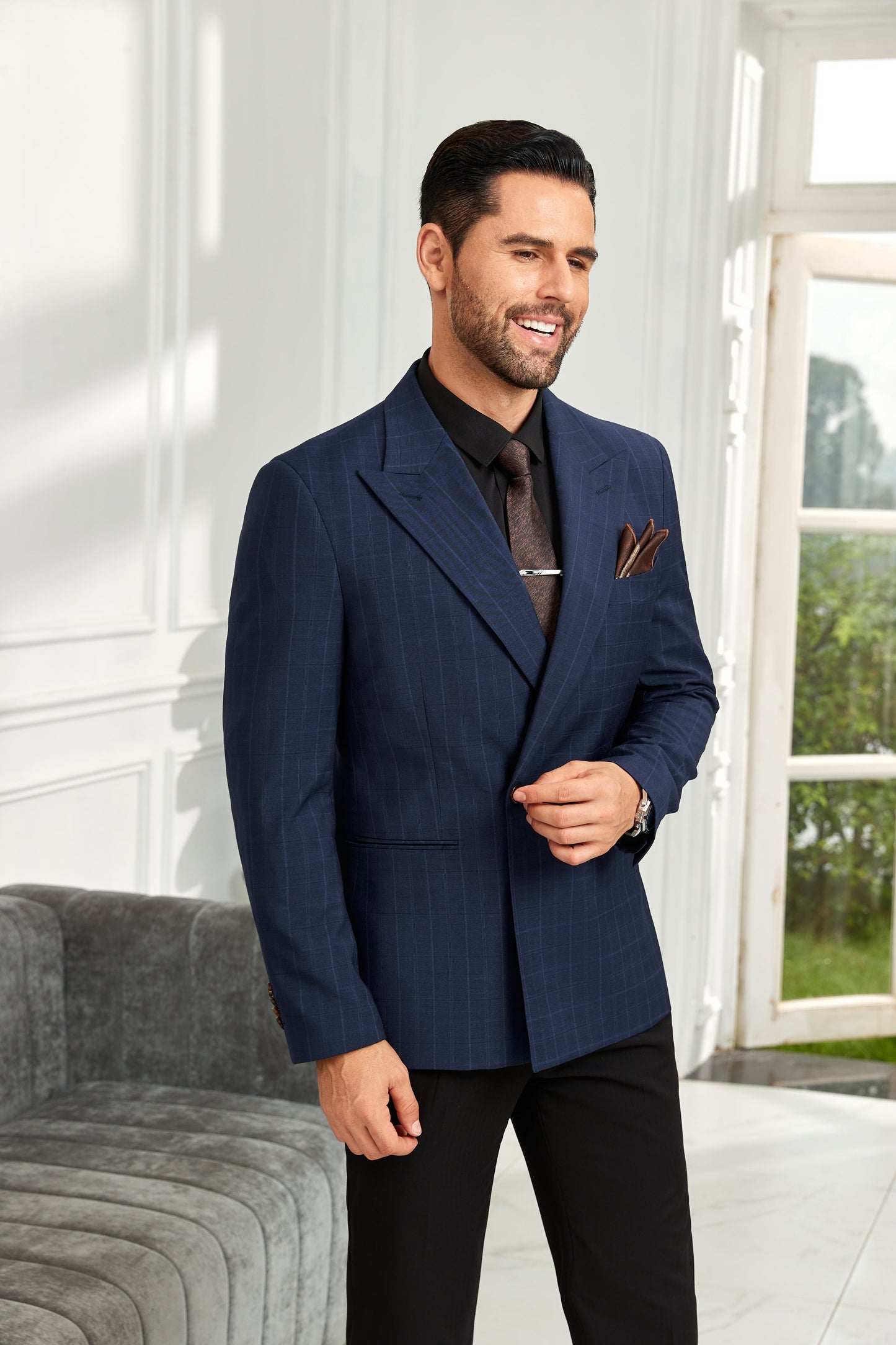 ly1071 Midnight Navy Blue Double Breasted Men's Blazer