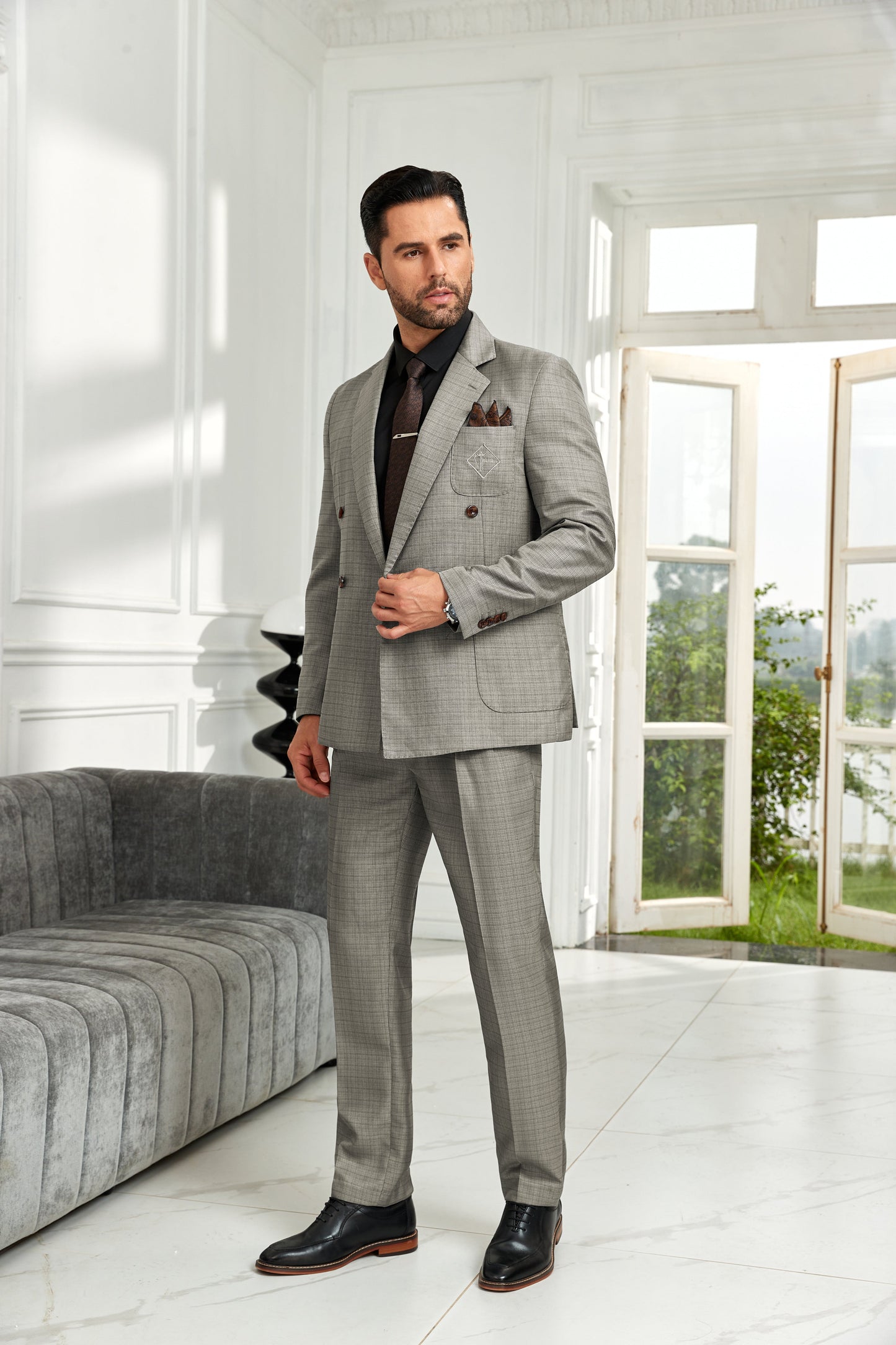 ly1024 Grey Business Formal Double Breasted 2 Pieces Men's Suits