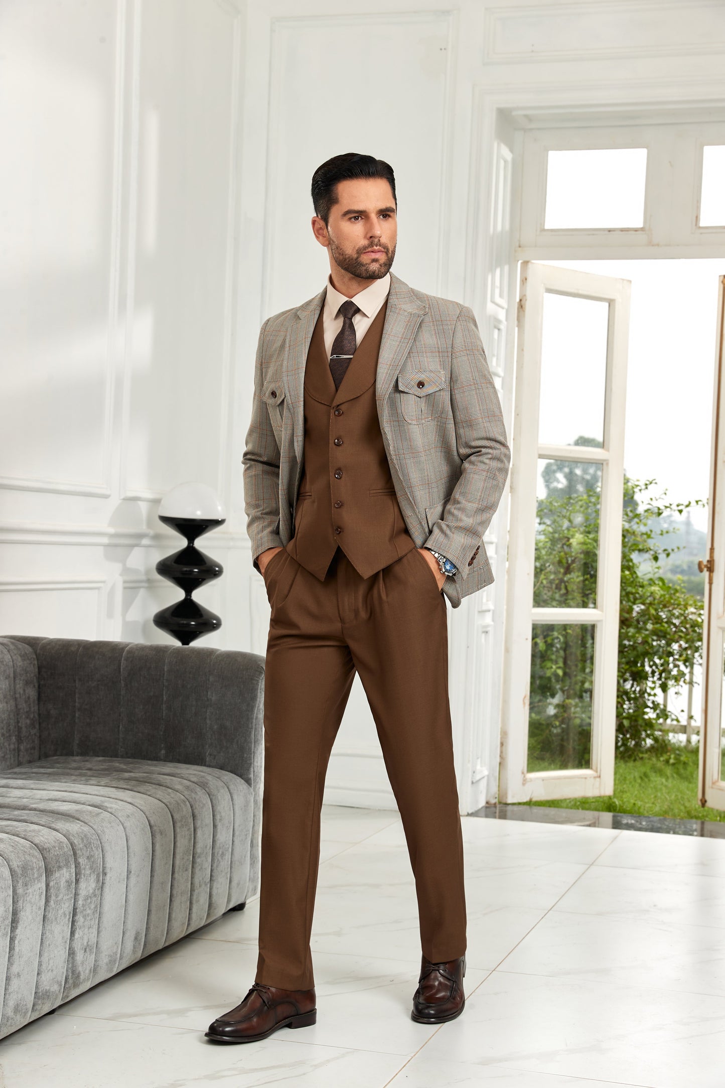 ly1062 Grey Plaid Two Button Mens Blazer Suit