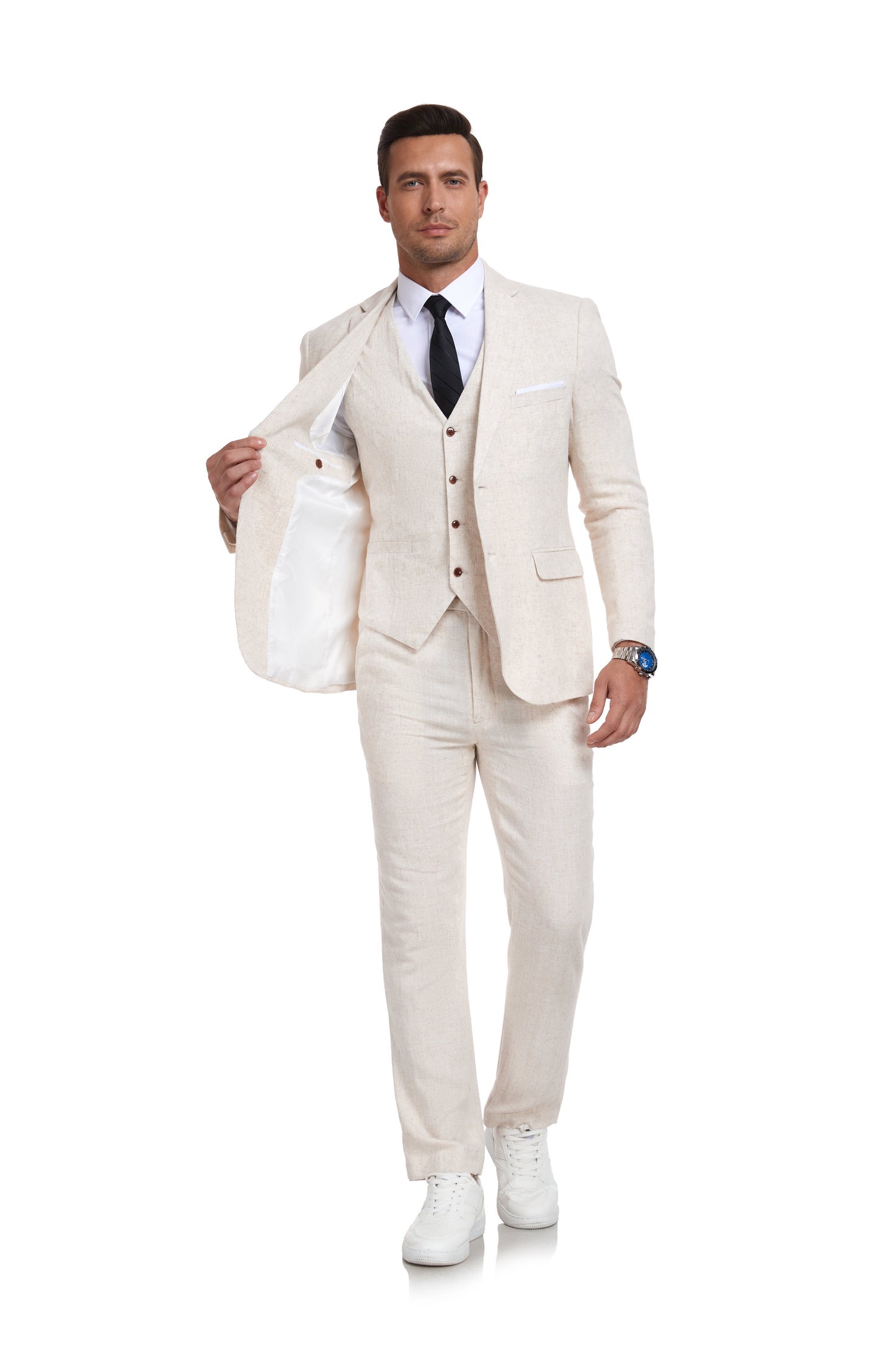 ly1176 Beige Retro Linen Beach Wedding Summer 3 Pieces Men Suits