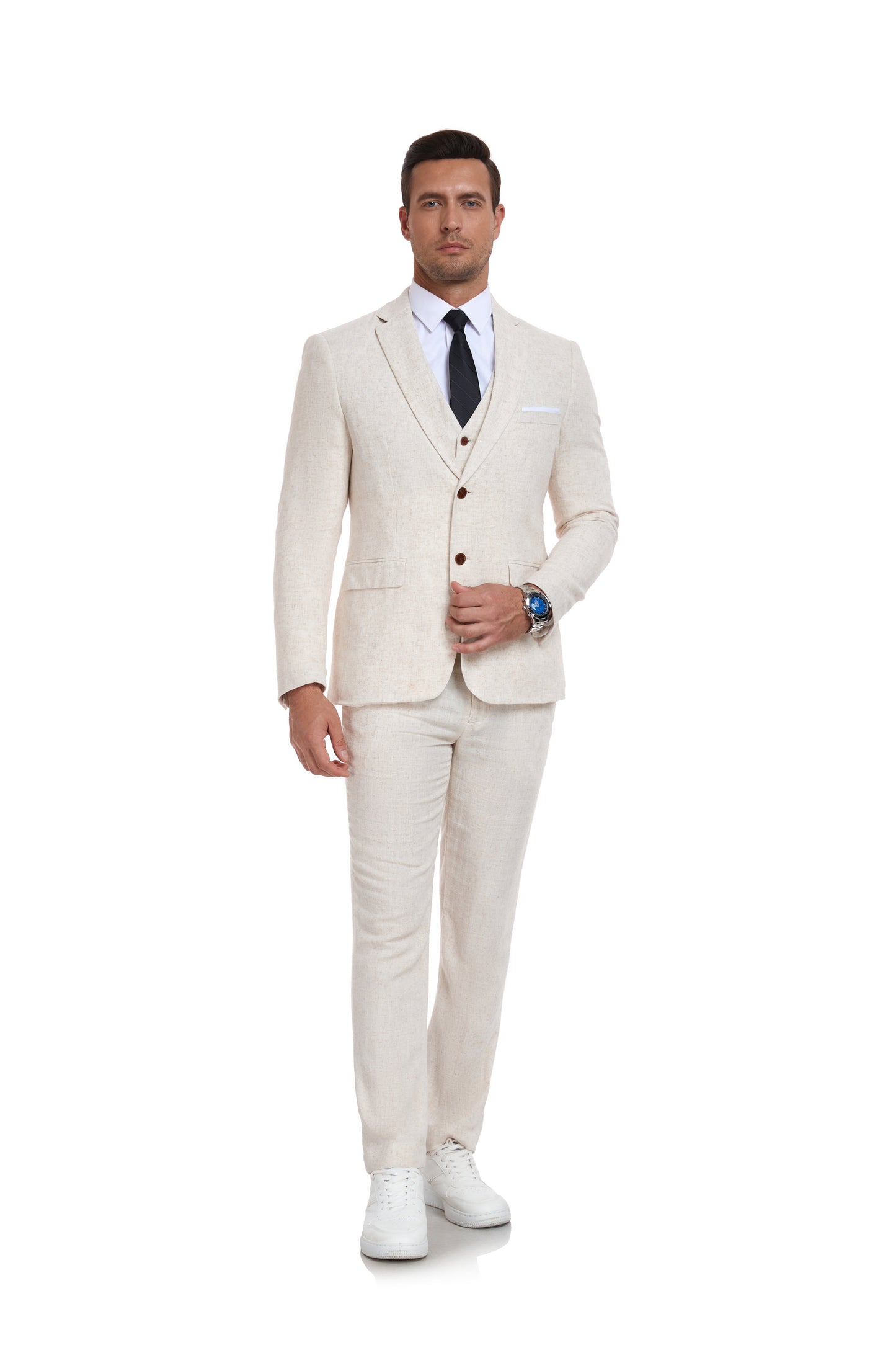 ly1176 Beige Retro Linen Beach Wedding Summer 3 Pieces Men Suits