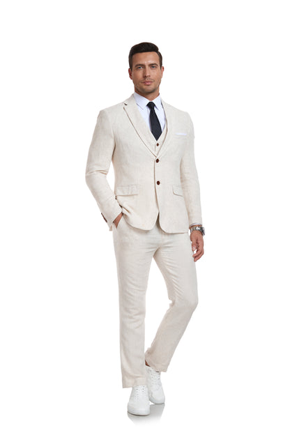 ly1176 Beige Retro Linen Beach Wedding Summer 3 Pieces Men Suits