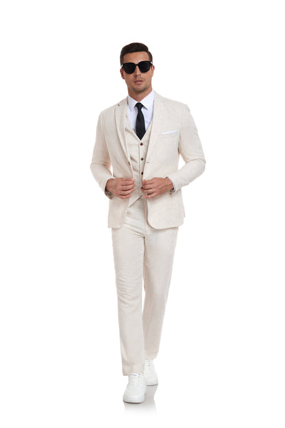 ly1176 Beige Retro Linen Beach Wedding Summer 3 Pieces Men Suits