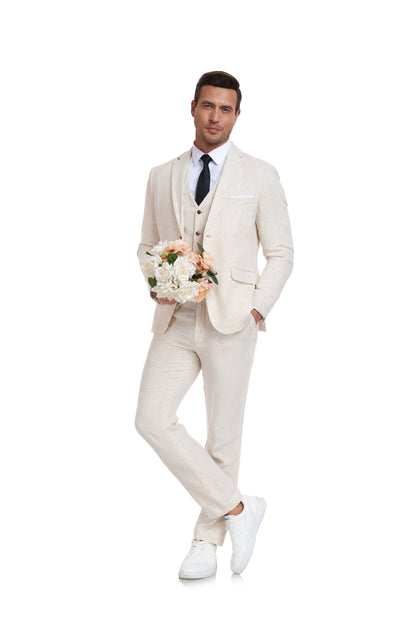 ly1176 Beige Retro Linen Beach Wedding Summer 3 Pieces Men Suits