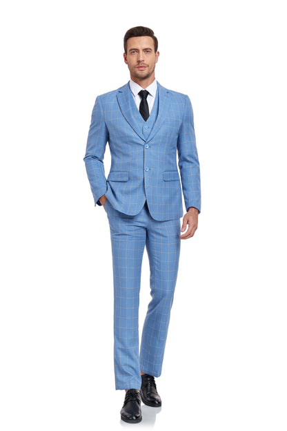 ly1335 Light Blue Plaid Men's 3 Piece Slim Fit Suit Set