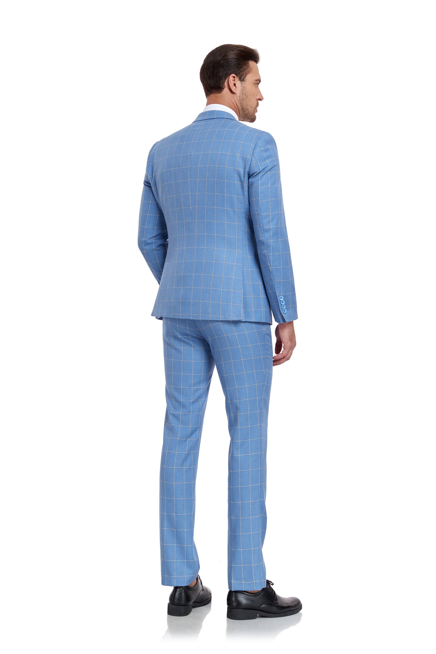 ly1335 Light Blue Plaid Men's 3 Piece Slim Fit Suit Set