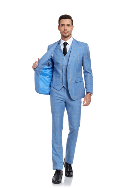 ly1335 Light Blue Plaid Men's 3 Piece Slim Fit Suit Set