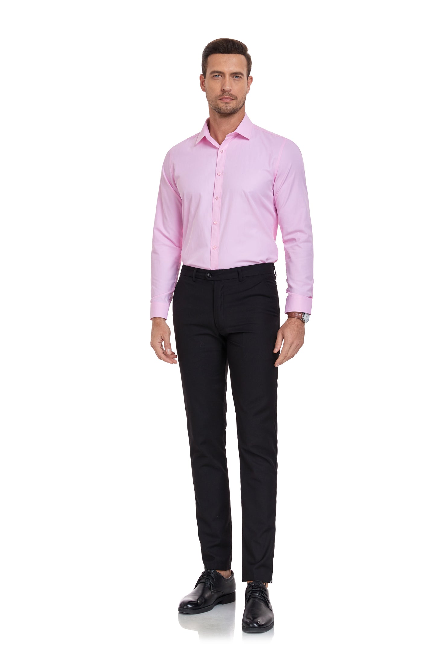 ly1338 Pink Men's Urban Stylish Casual Business Slim Fit Long Sleeve Button Up Dress Shirt