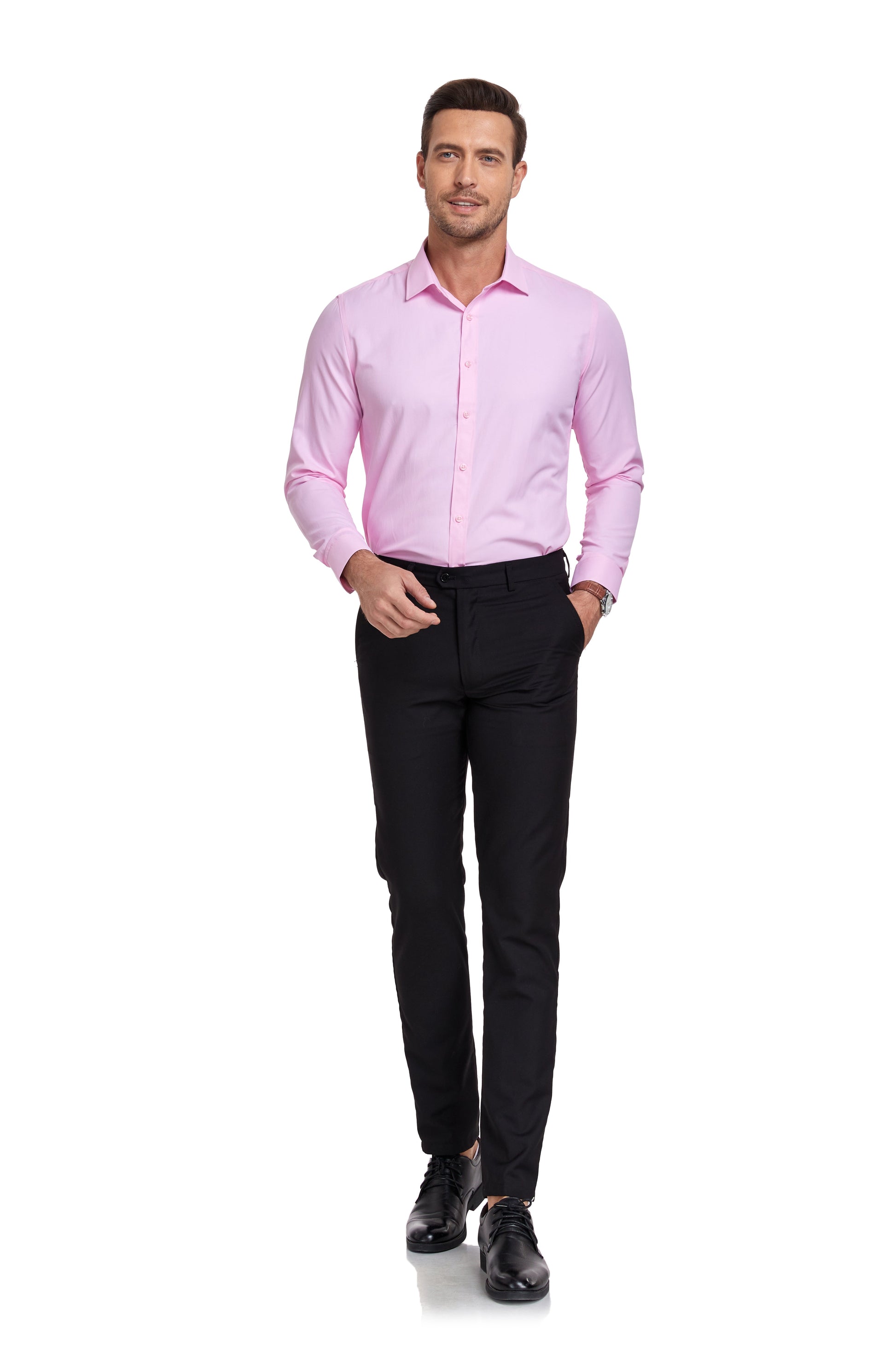 Pink Men's Urban Stylish Casual Business Slim Fit Long Sleeve Button Up Dress Shirt