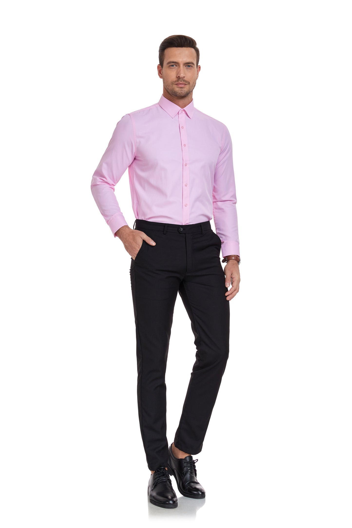 ly1338 Pink Men's Urban Stylish Casual Business Slim Fit Long Sleeve Button Up Dress Shirt