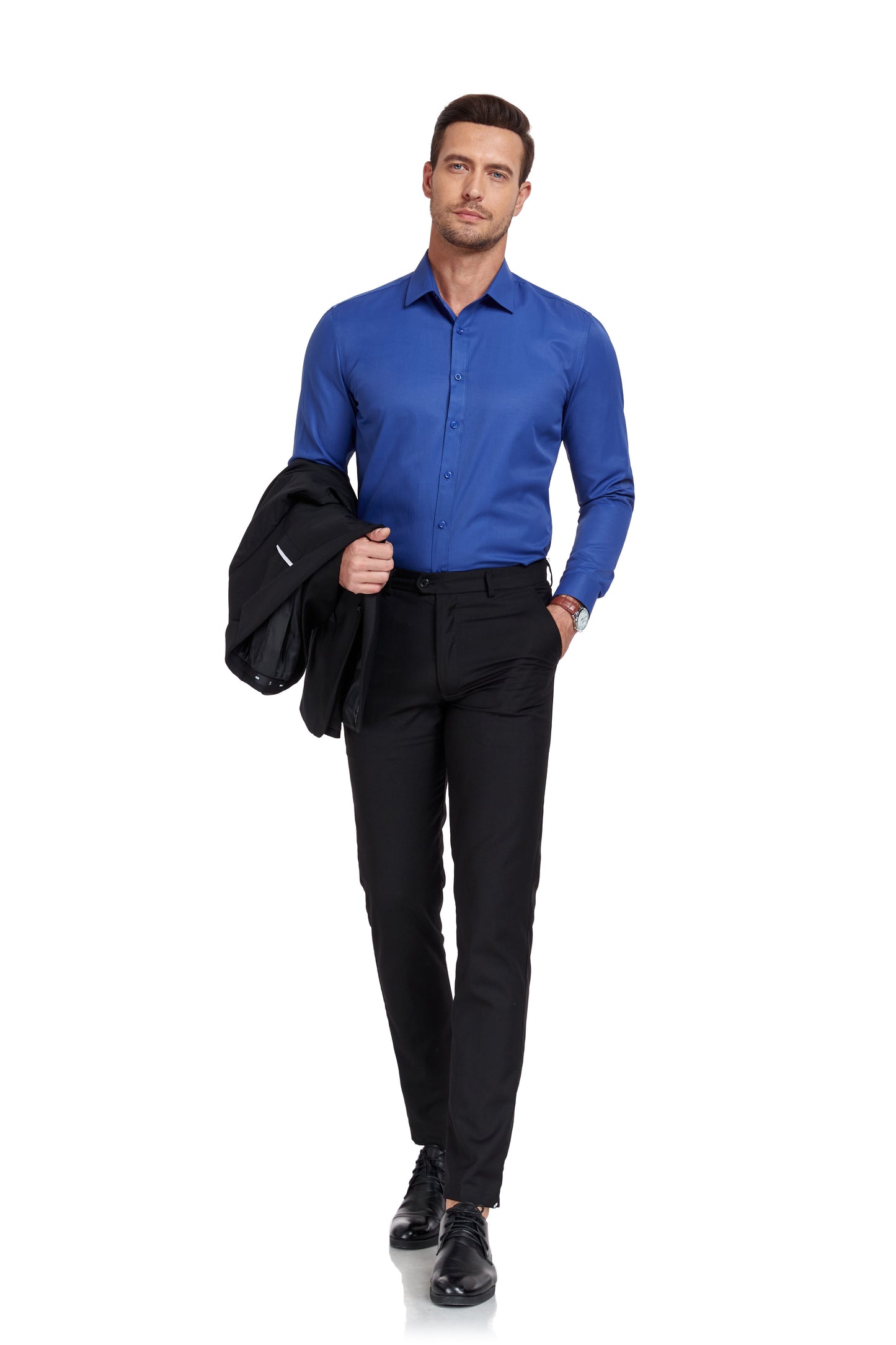 ly1339 Blue Men's Urban Stylish Casual Business Slim Fit Long Sleeve Button Up Dress Shirt