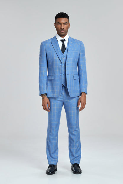 Light Blue Plaid Men's 3 Piece Slim Fit Suit Set