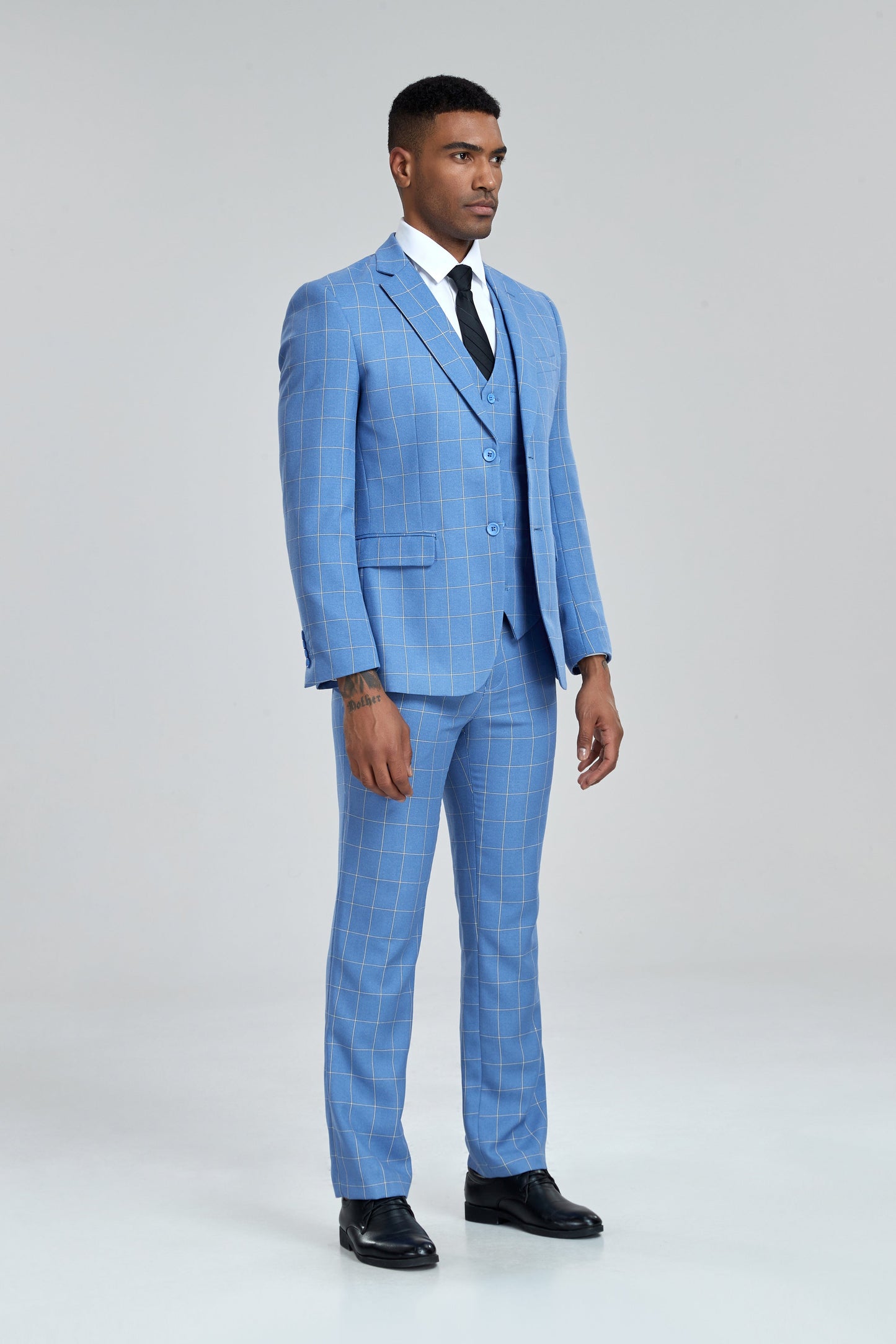 ly1304 Light Blue Plaid Men's 3 Piece Slim Fit Suit Set