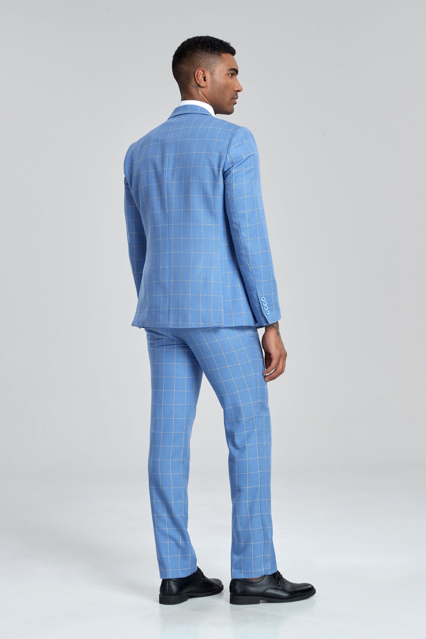 ly1304 Light Blue Plaid Men's 3 Piece Slim Fit Suit Set