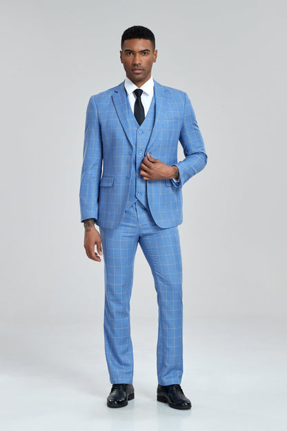 ly1304 Light Blue Plaid Men's 3 Piece Slim Fit Suit Set