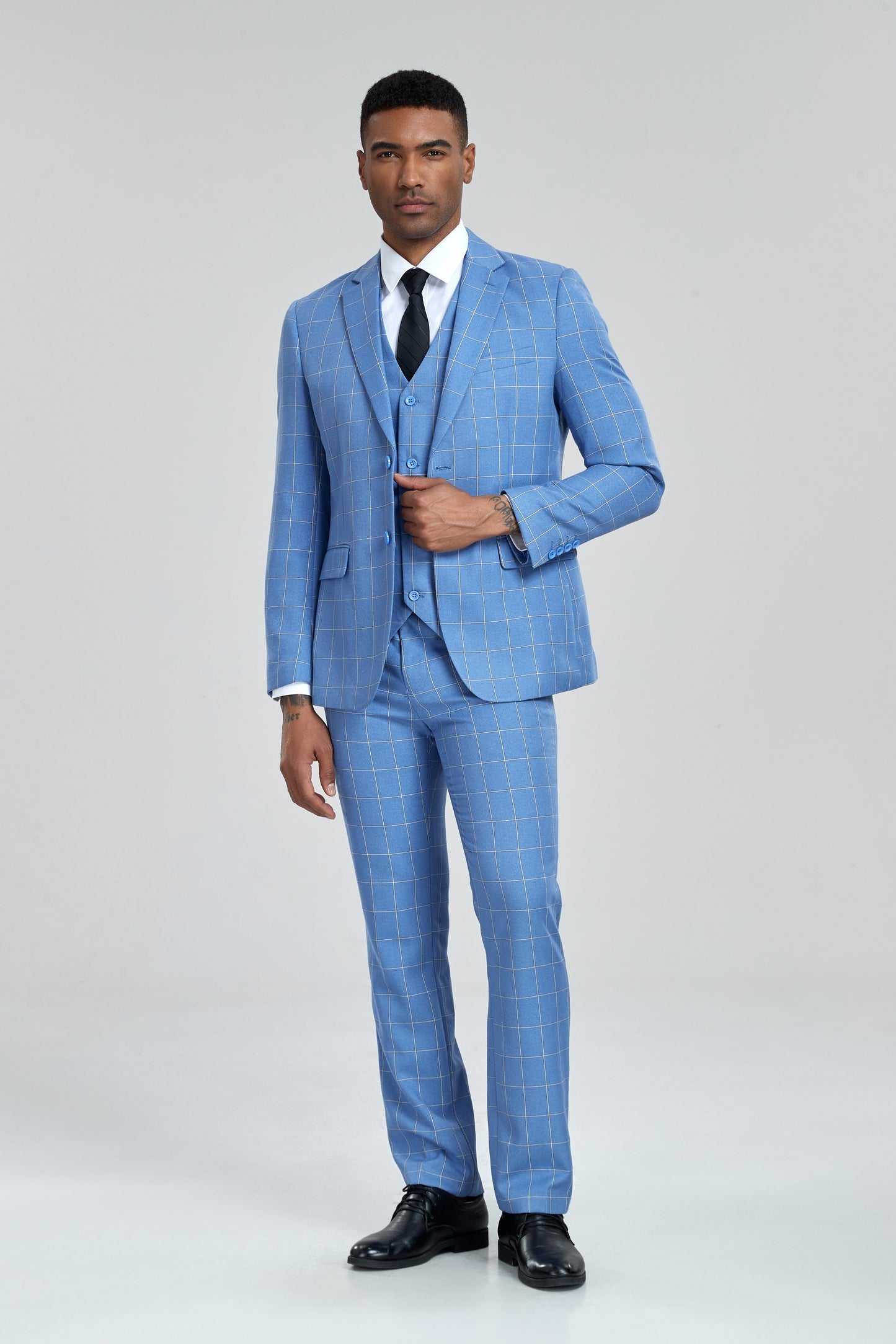 ly1304 Light Blue Plaid Men's 3 Piece Slim Fit Suit Set