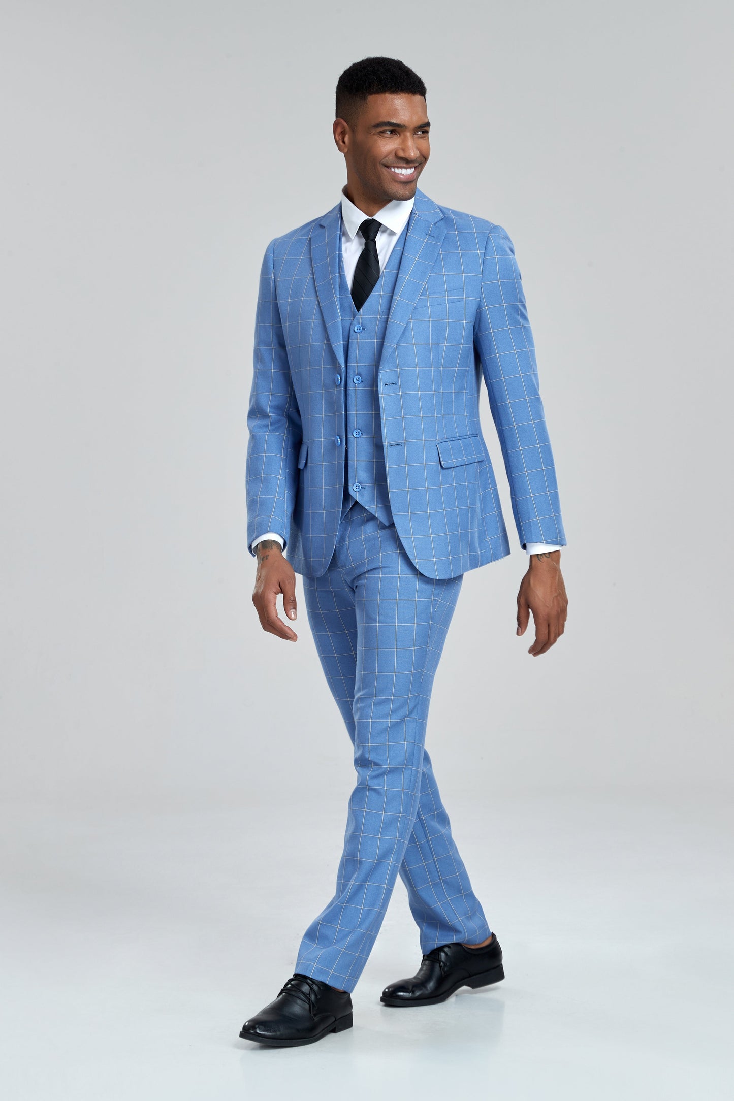 ly1304 Light Blue Plaid Men's 3 Piece Slim Fit Suit Set