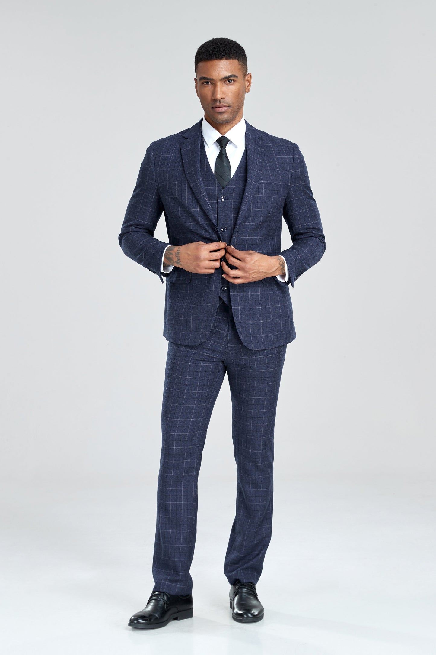 ly1308 Navy Plaid Men's 3 Piece Slim Fit Suit Set