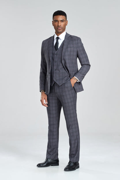 ly1305 Grey Plaid Men's 3 Piece Set for Party, Wedding and Business