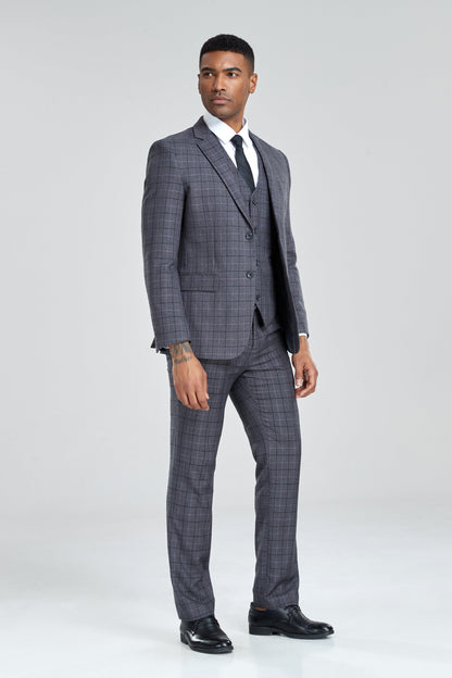 ly1305 Grey Plaid Men's 3 Piece Set for Party, Wedding and Business