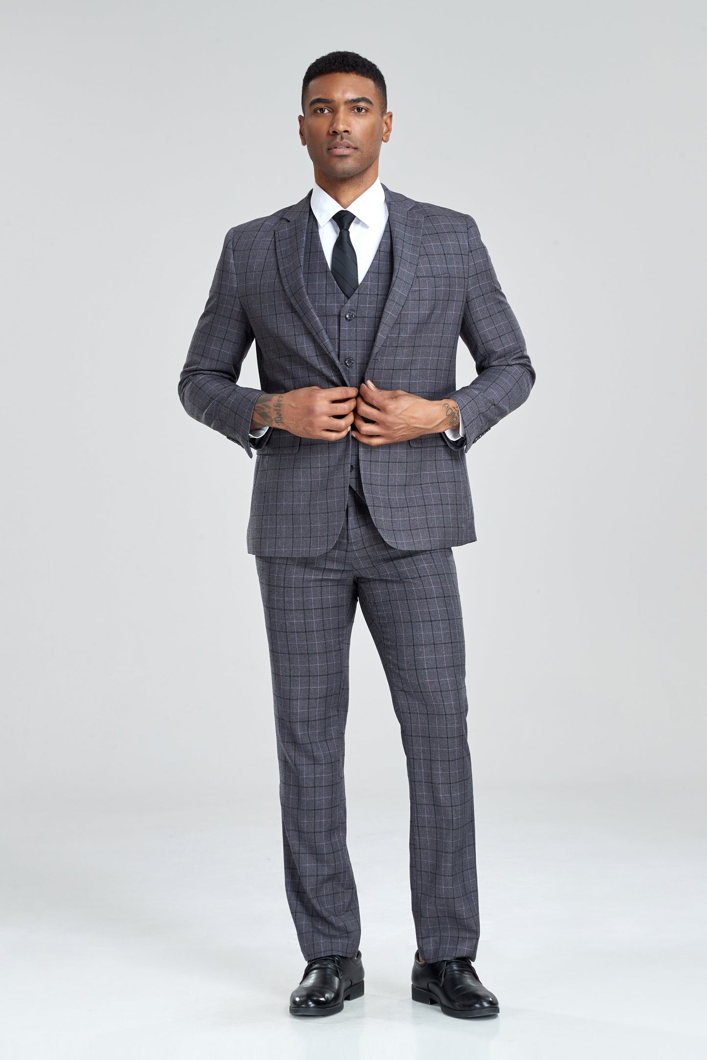 ly1305 Grey Plaid Men's 3 Piece Set for Party, Wedding and Business