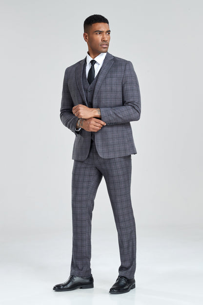 ly1305 Grey Plaid Men's 3 Piece Set for Party, Wedding and Business