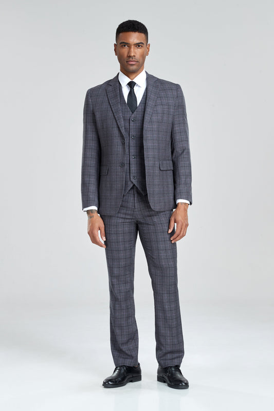 Grey Plaid Men's 3 Piece Set for Party, Wedding and Business