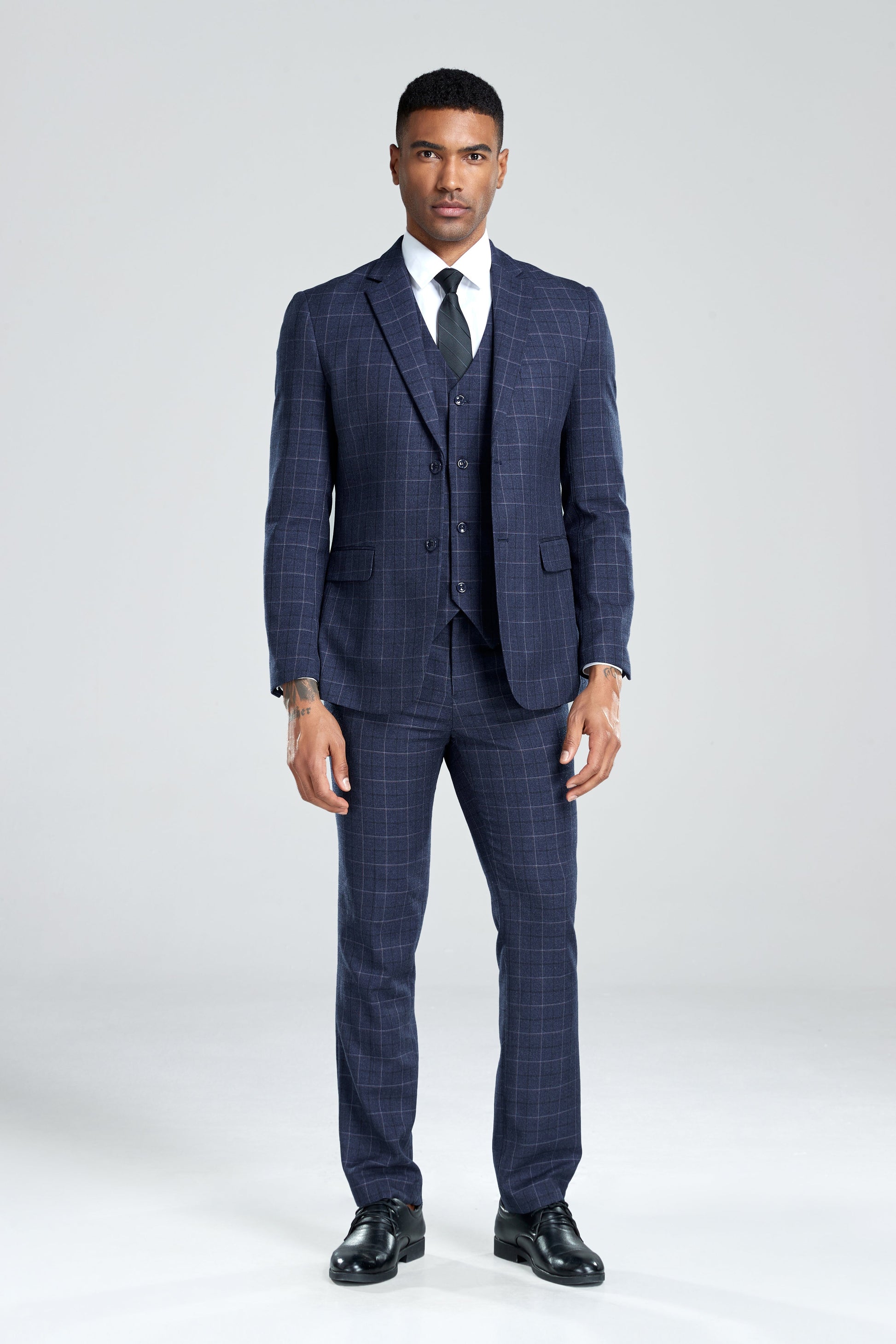 Navy Plaid Men's 3 Piece Slim Fit Suit Set