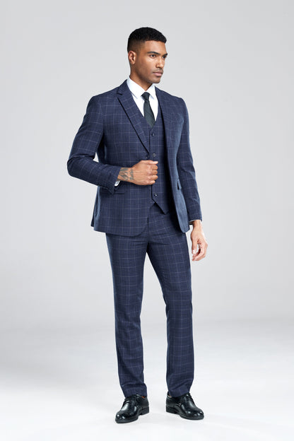 ly1308 Navy Plaid Men's 3 Piece Slim Fit Suit Set