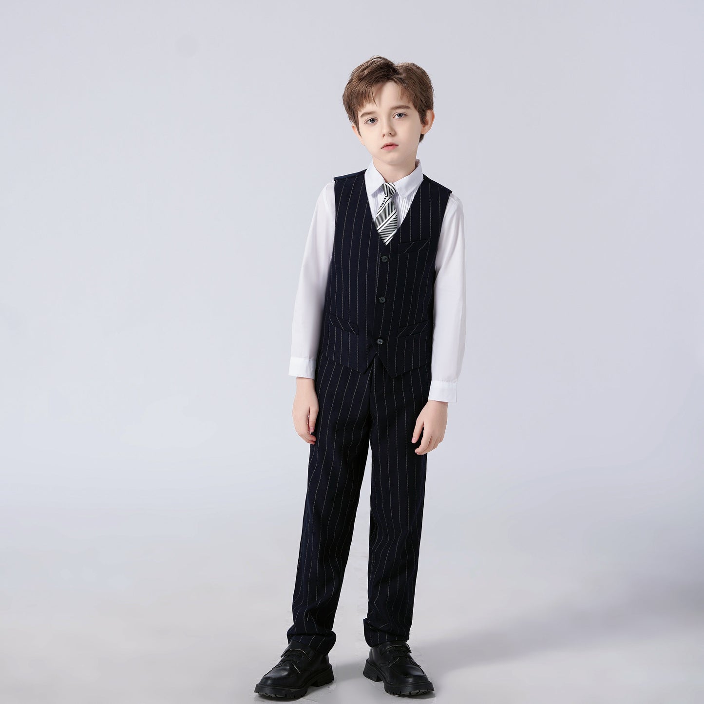 ly1290 Black Striped Modern 4 Piece Boy's Formal Suits