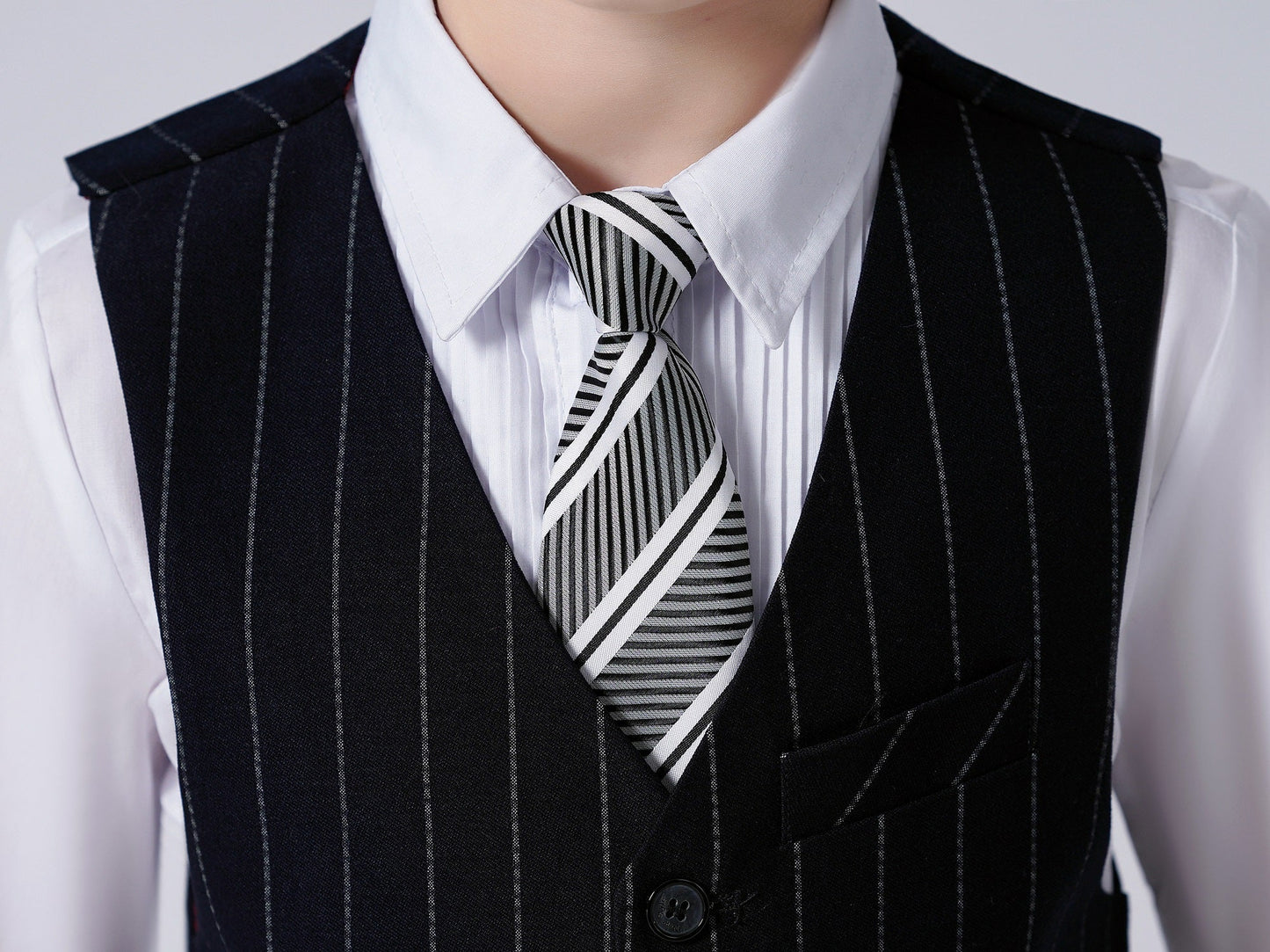 ly1674 Navy Striped Slim Fit Modern 5 Piece Boy's Formal Suits