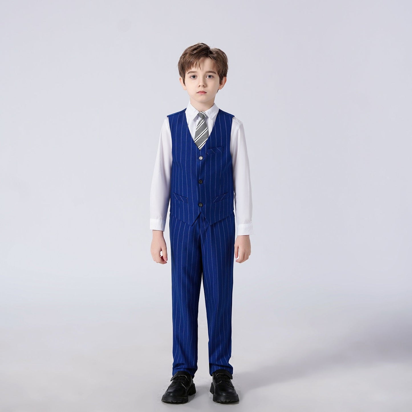 ly1675 Royal Blue Striped Slim Fit Modern 4 Piece Boy's Formal Suits With Vest+Pants+Shirt+Tie