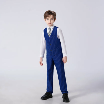 ly1675 Royal Blue Striped Slim Fit Modern 4 Piece Boy's Formal Suits With Vest+Pants+Shirt+Tie